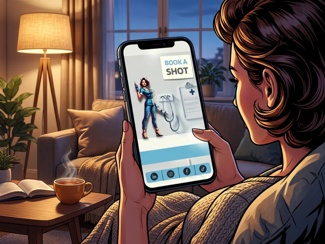 Over a woman's shoulder in the evening: her phone shows a nurse injector's website with a Book button