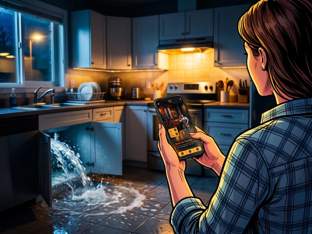 Late at night, water sprays from under a kitchen sink while the homeowner finds a plumber's website on her phone